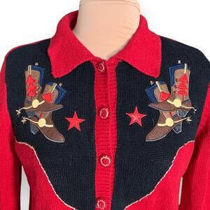 Vintage Tiara International Red Black Western Cardigan Knit Sweater Cowboy Boot